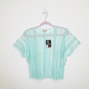 Lim's Vintage Hand Crocheted Button Down Short Sleeve Blue Turquoise Top Medium